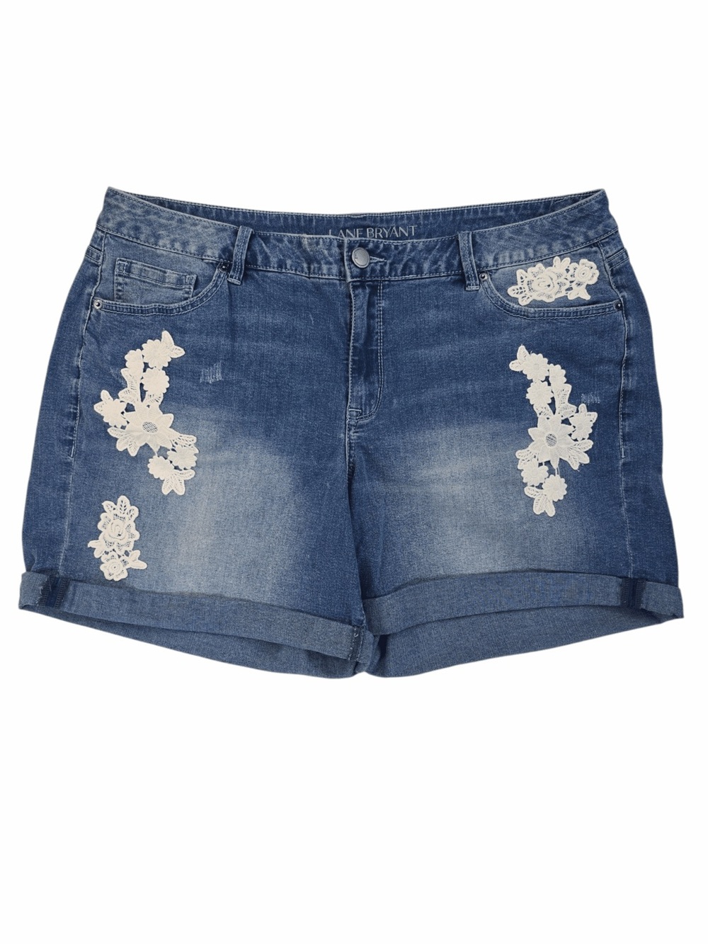 Lane Bryant Blue Denim Shorts with White Lace Appliqué